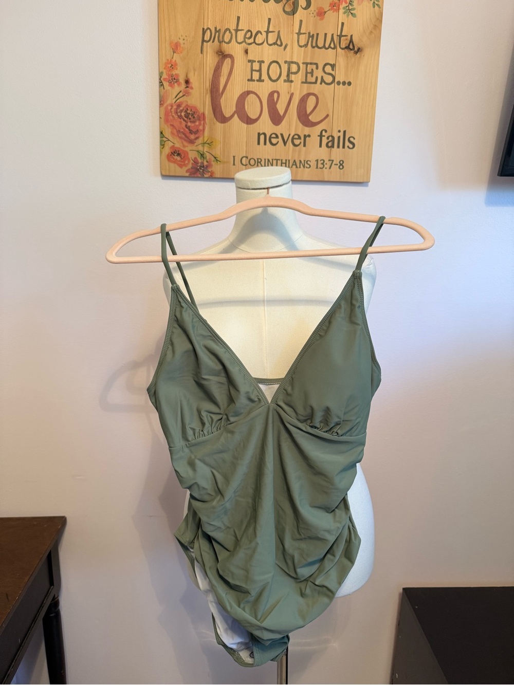 Ruched Olive Green One-Piece Swimsuit with V-Neck